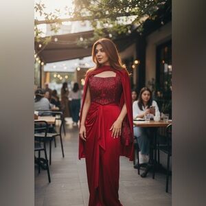 Elegant Red evening drape skirt, cape style